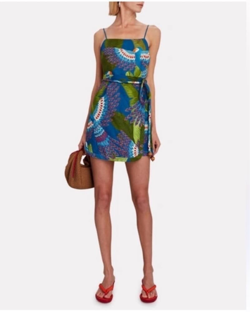  Farm Rio Blue Macaw Linen Mini Dress - Image 1