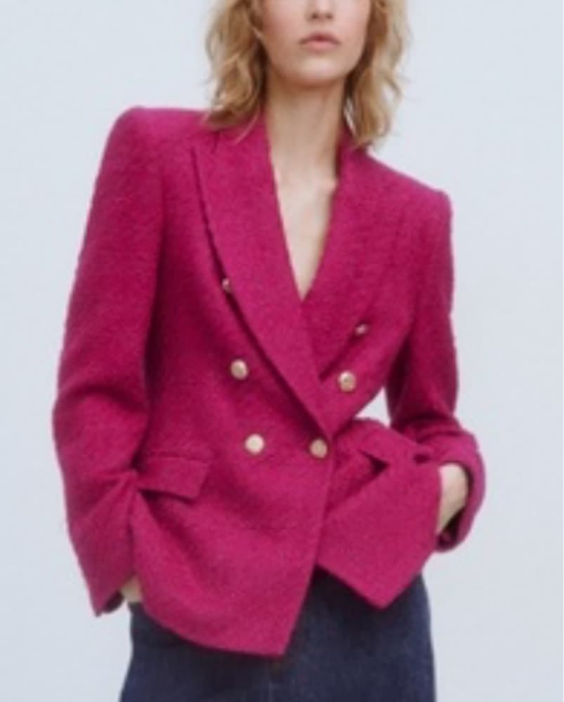 Pink Double-Breasted Tweed Blazer Jacket - Image 2