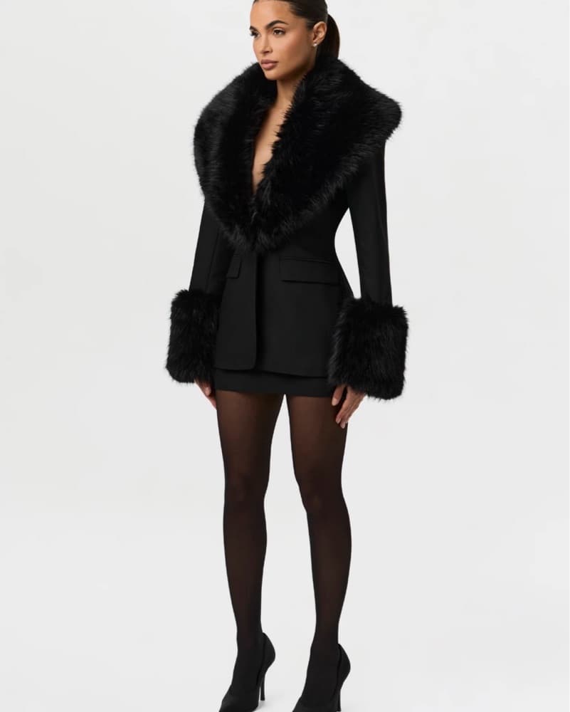 Luxurious Faux Fur Trimmed Black Blazer  - Image 2