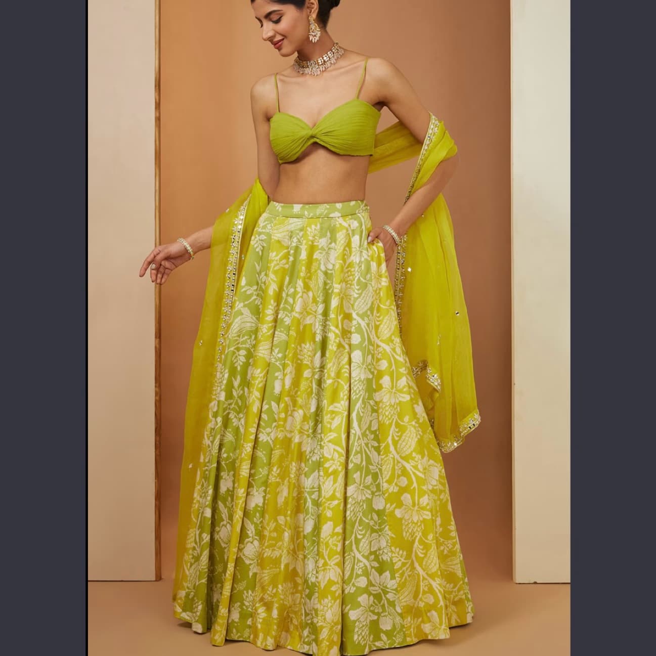 Esha Koul Yellow Green Floral Lehenga - Image 1