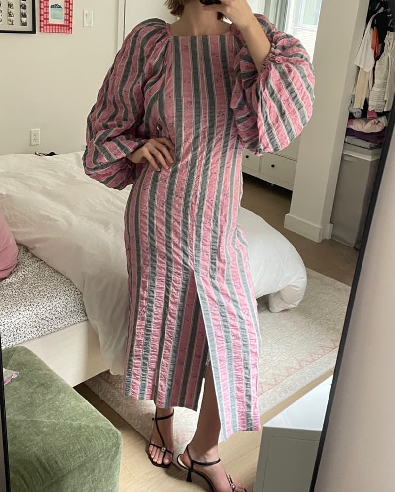 Ganni Striped Puff Sleeve Midi Dress - Image 3