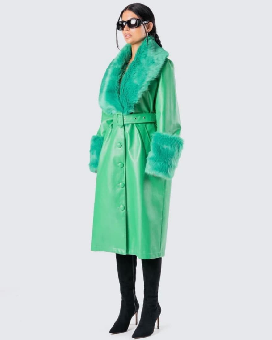 Willa Green Vegan Fur Leather Coat - Image 5