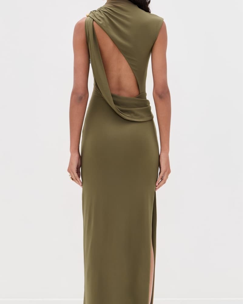 Sleek Olive Gown with Chic Cutouts - Image 2