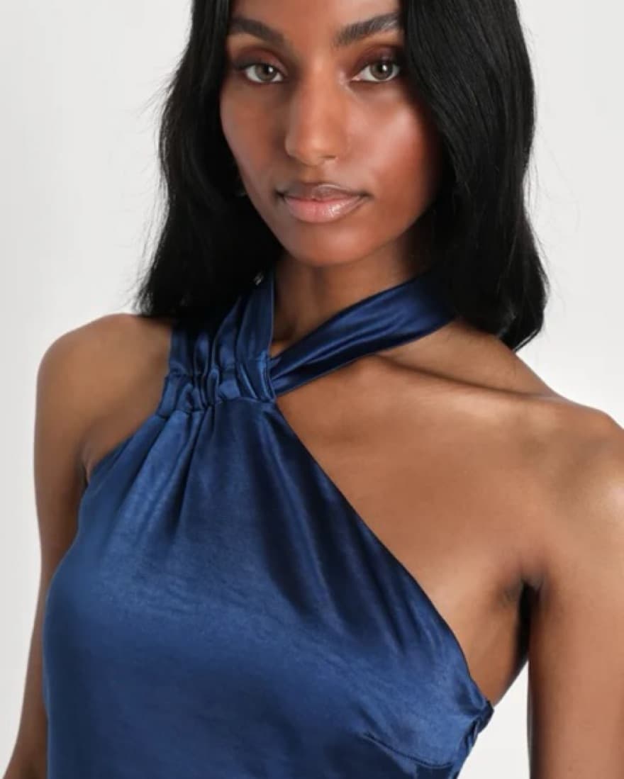 Beyond Stunning Navy Blue Satin Asymmetr - Image 4