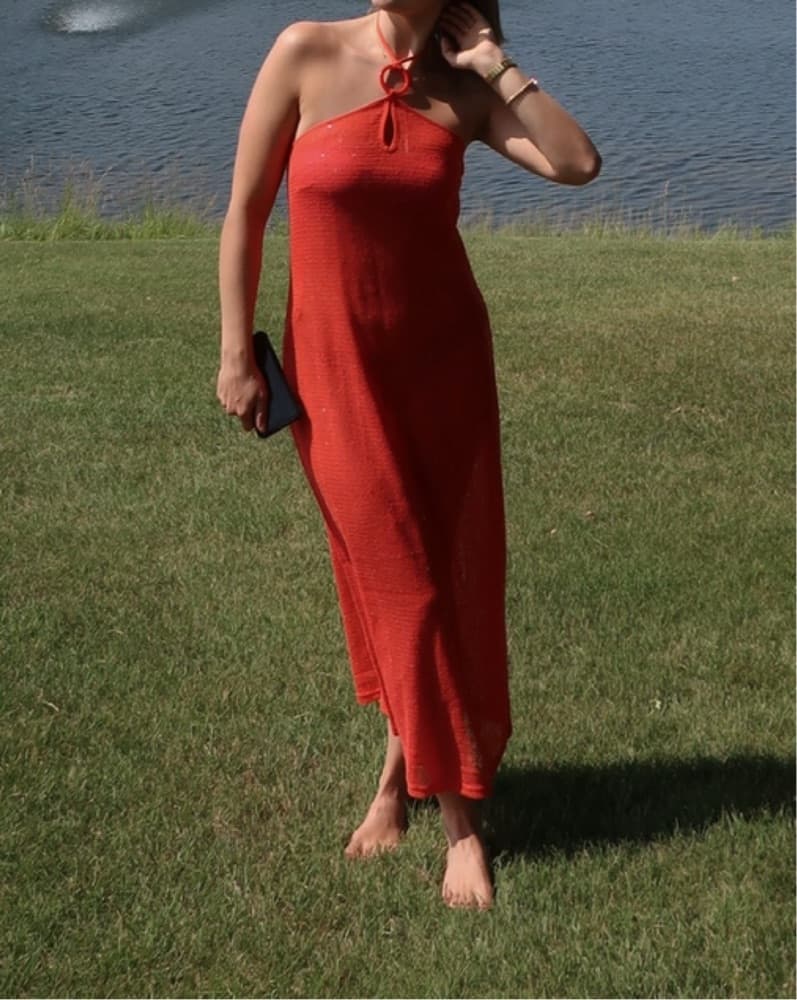Red Sequin Mesh Halter Coverup Dress - Image 2