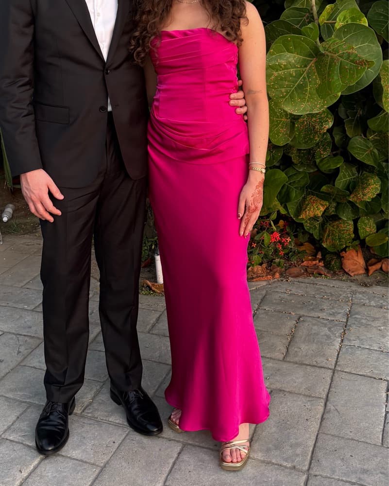 magenta satin draped maxi dress - Image 1