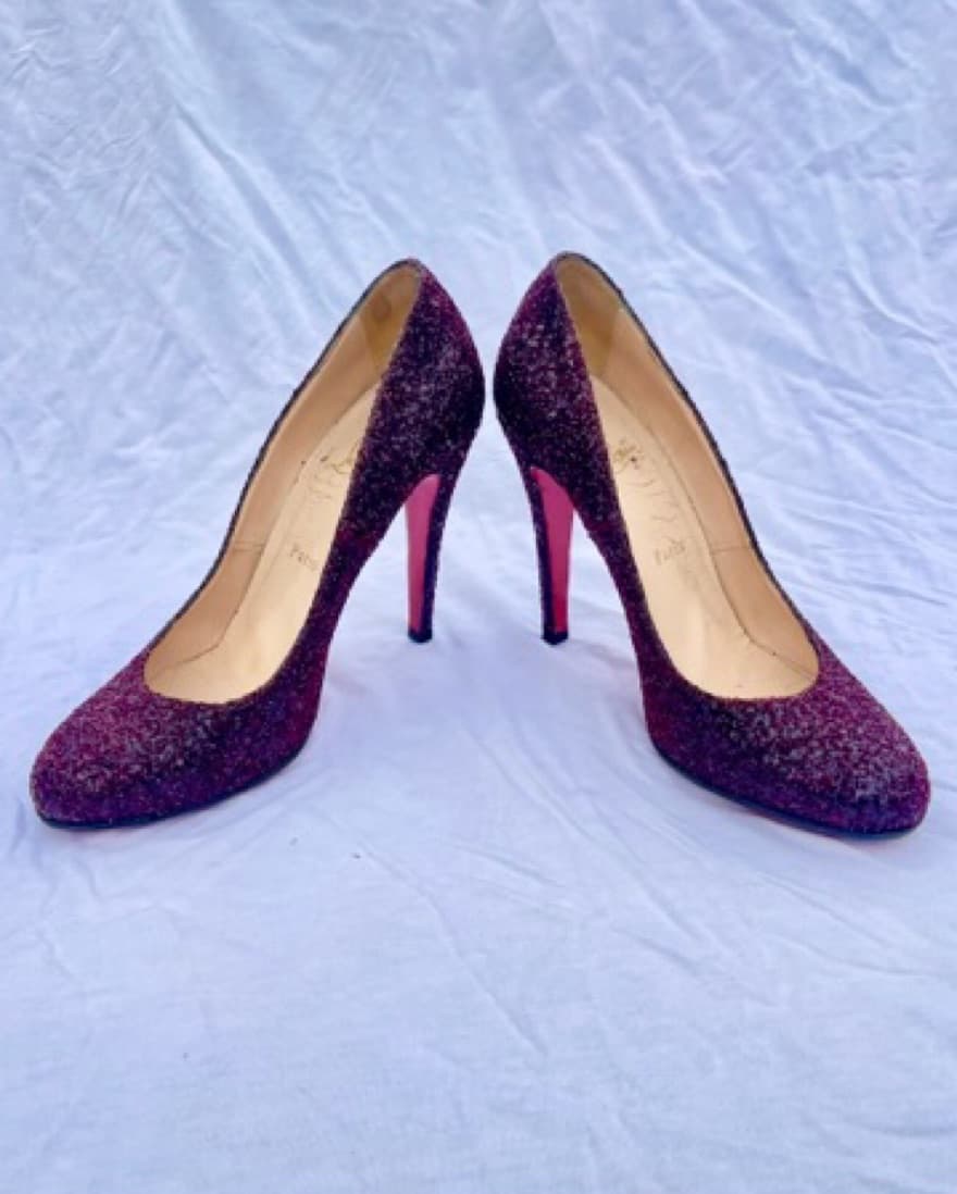 Louboutin Burgundy Sequin Heels - Image 4