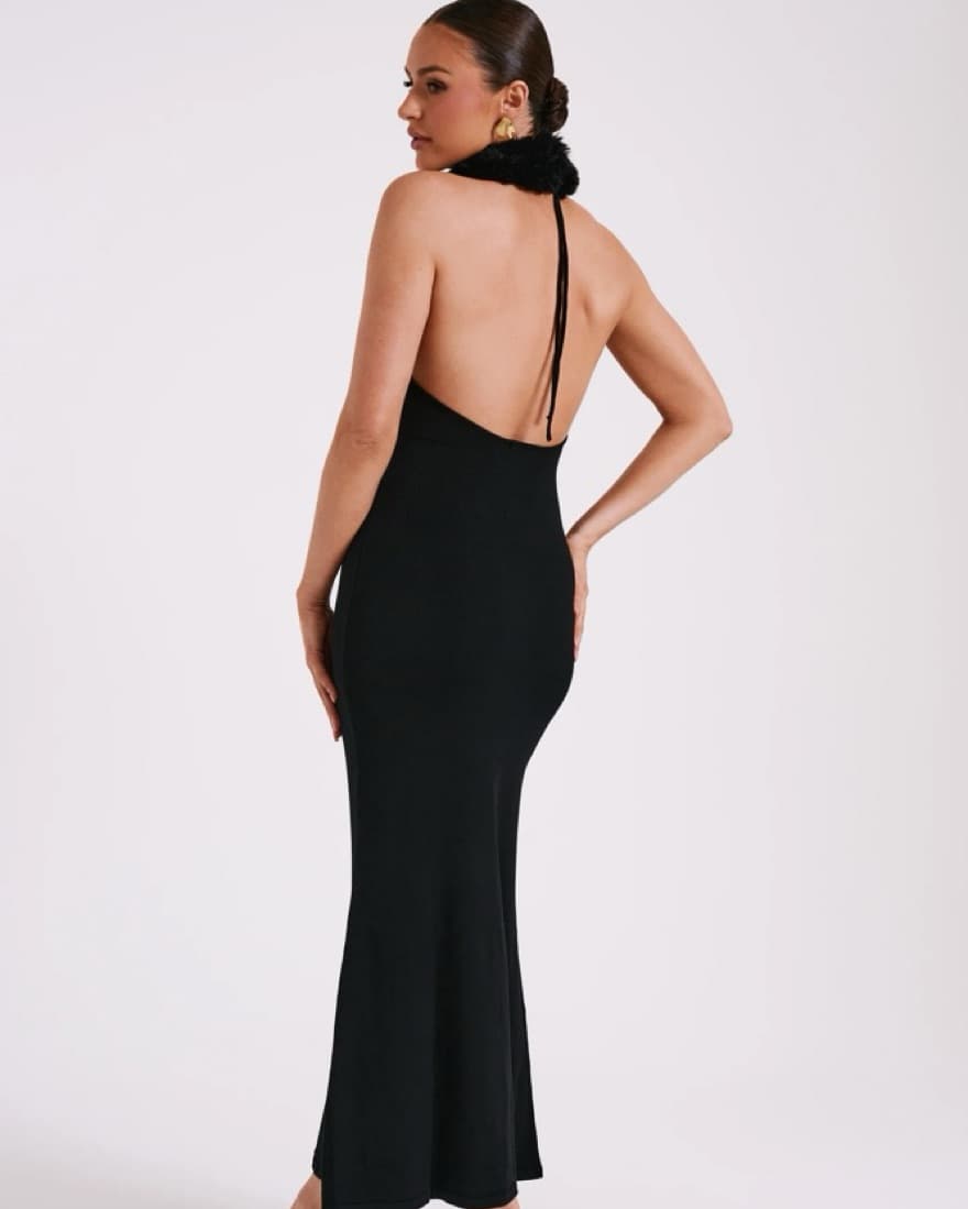  Black Maxi Dress with Plush Fur Collar - Image 2