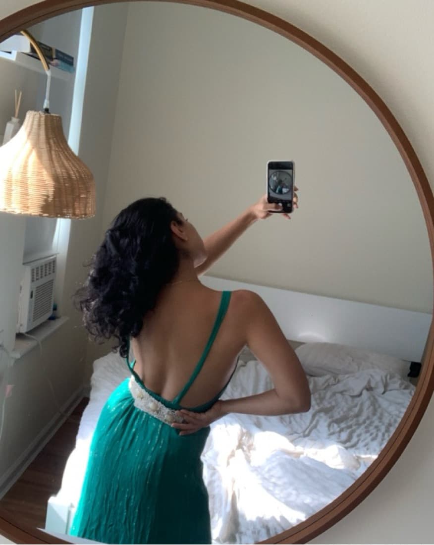 Sezane Green and Gold Backless Dress - Image 2