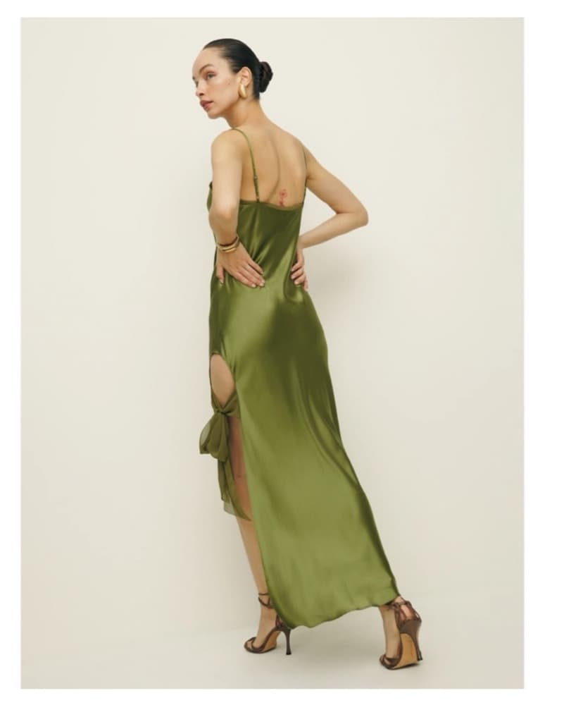 Olive Satin Reformation Dress - Image 2