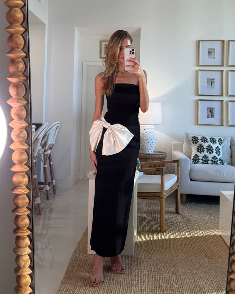 Delfi Bow Dress | Classy Wedding Guest Dress, Black and White Maxi Dress - Image 1