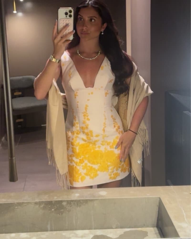 White And Yellow Formal Mini Dress - Image 2