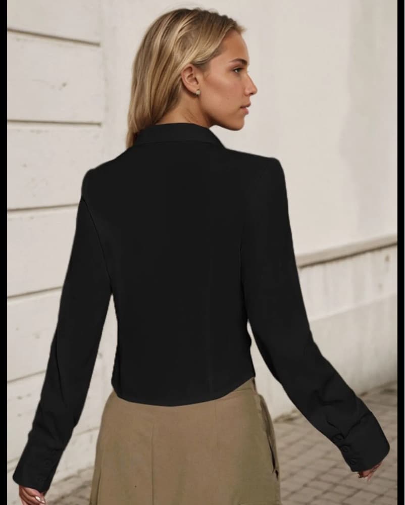 Chic Black Ruched Button-Up Blouse - Image 5