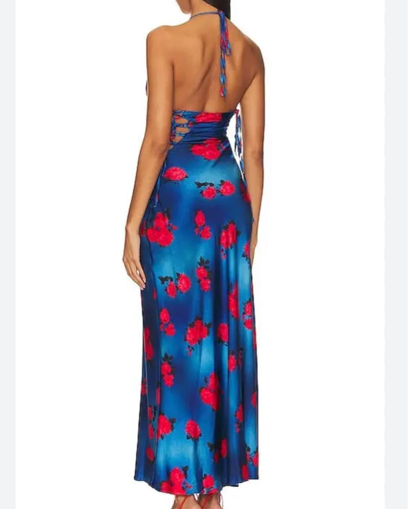 Blue Red Floral Silk Maxi Dress Mirae - Image 2