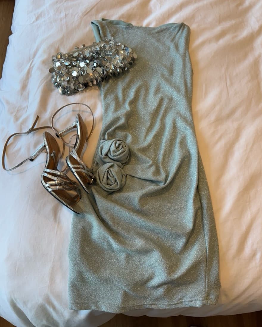 Pale Blue Shimmery Rosette Mini Dress  - Image 3