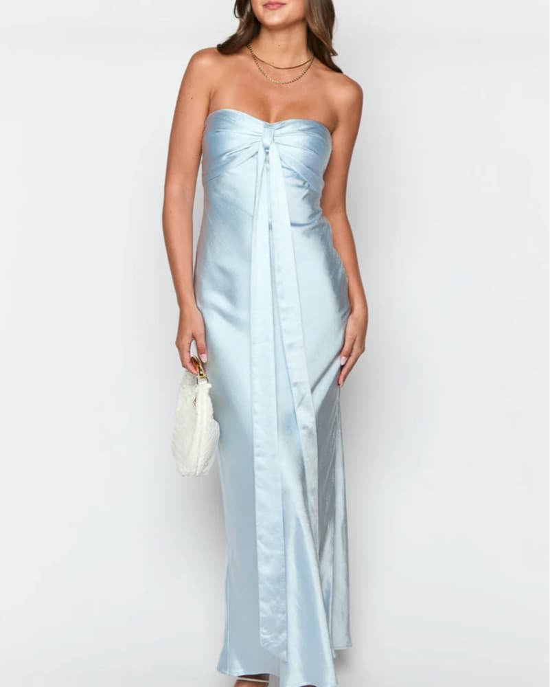 Ariella Blue Satin Strapless Maxi Dress - Image 1
