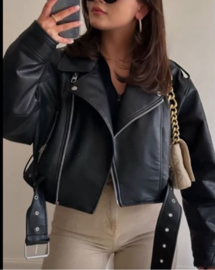 Leather Crop Biker Jacket - Image 1