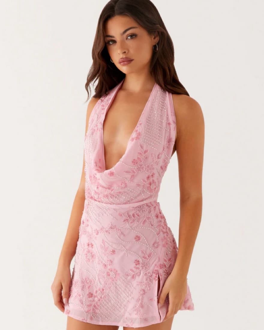 Alluring Pink Beaded Halter Dress - Image 1