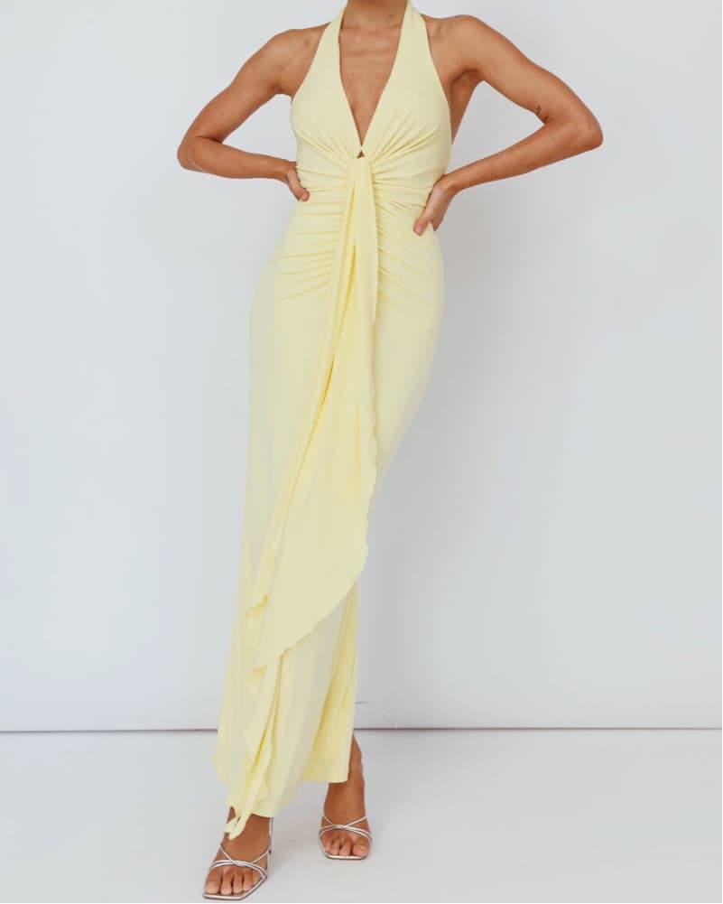 Butter Yellow Ruched Halter Maxi Dress - Image 4