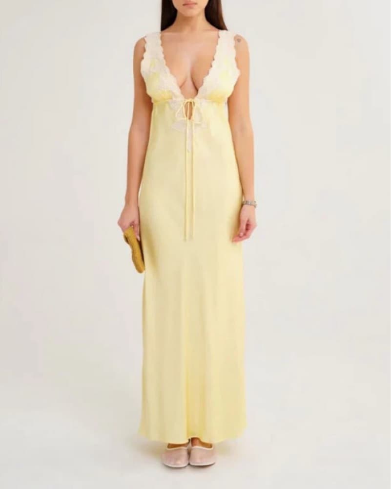 Yellow And White Satin Lace Maxi Dress - Image 1