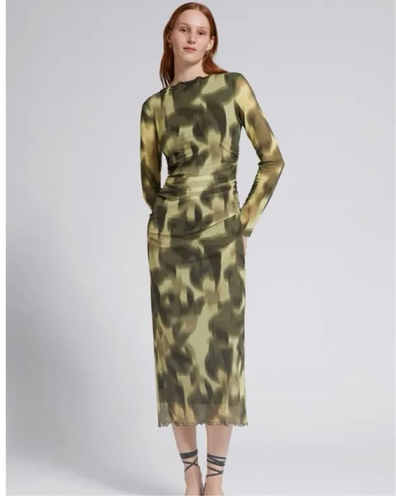 Ruched Frilled Edge Mesh Dress - Image 1