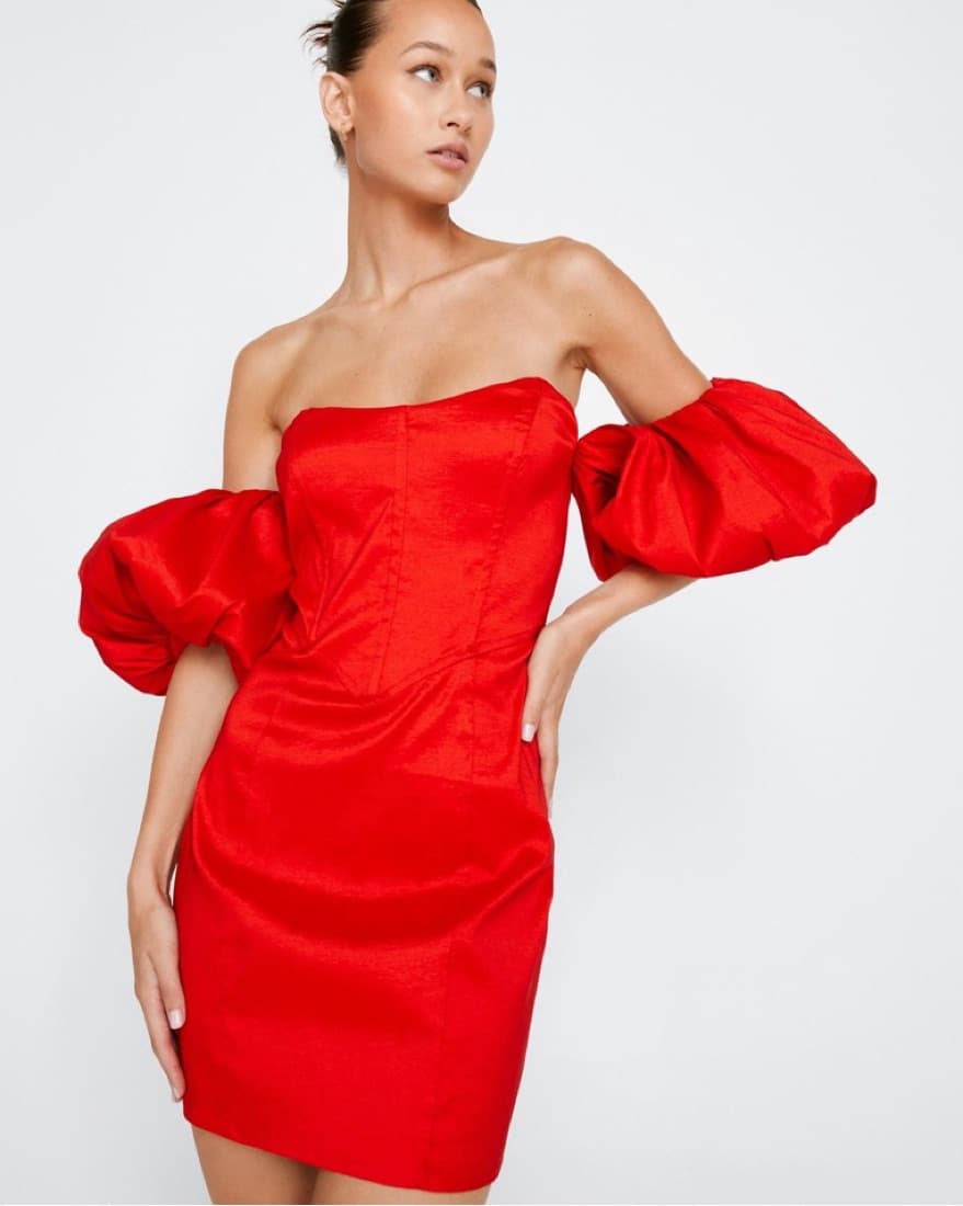 Off Shoulder Taffeta Mini Dress - Image 1