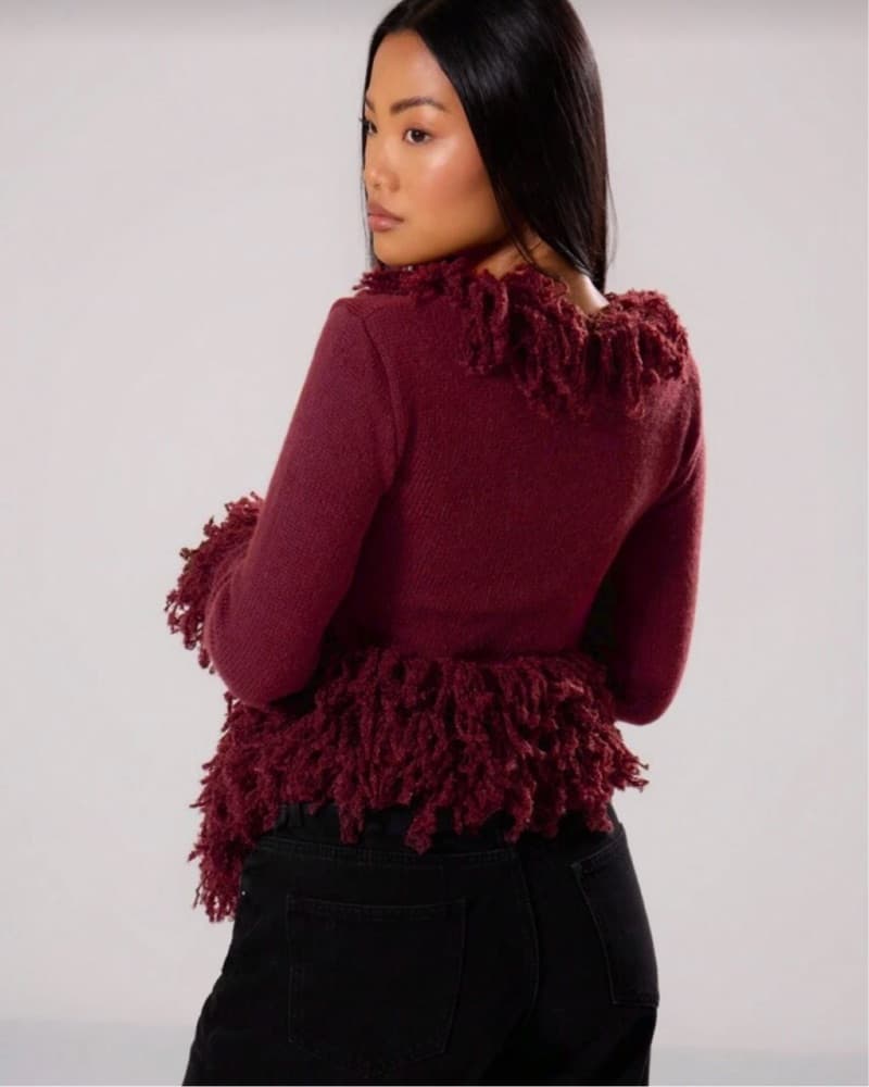 Burgundy Fringe Trim Knit Cardigan  - Image 2