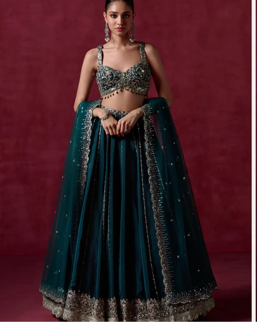 Teal Green Embroidered Lehenga  - Image 1
