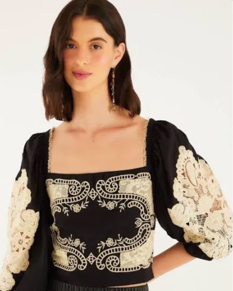 Farm Rio Black & Cream Puff Sleeve Top - Image 1