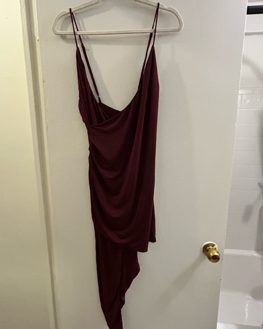 Burgundy Draped Asymmetrica Dressl - Image 4
