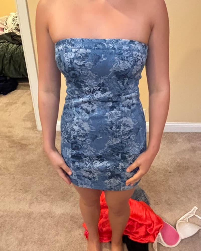 Blue Floral Strapless Mini Dress - Image 2