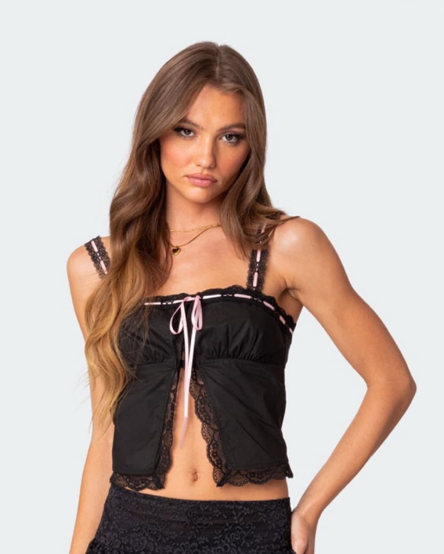 Black Lace Edikted Top With Pink Ribbon - Image 1