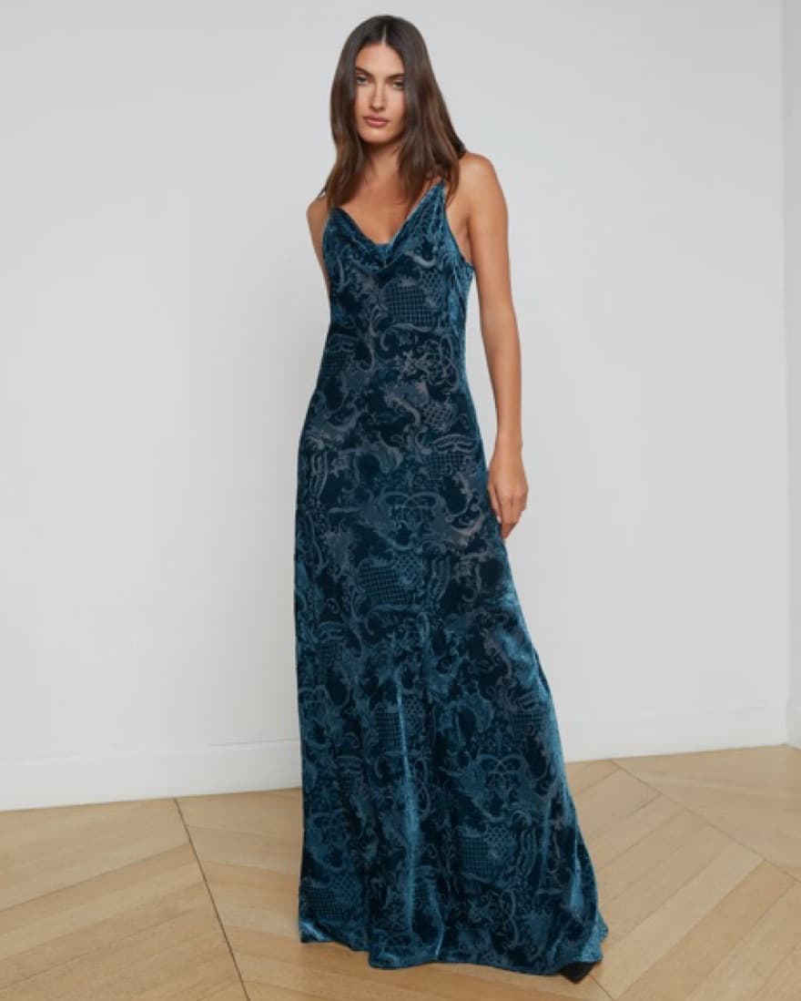L’Agence Teal Velvet Cowl Neck Gown - Image 1