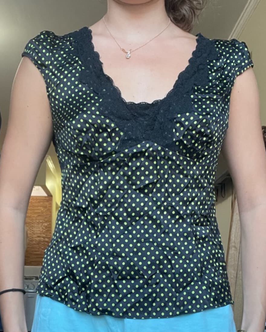 Vintage Silk  Green Black Polka Dot Top - Image 3