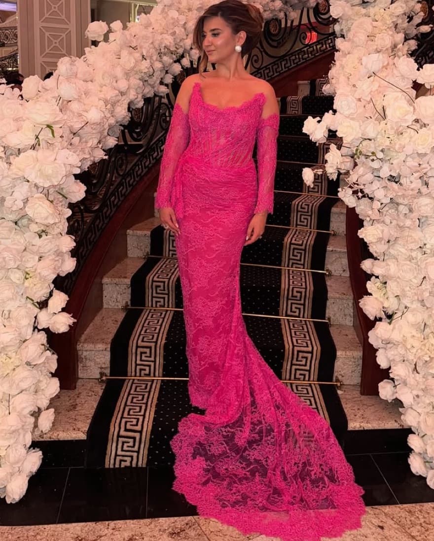 Vibrant Pink Lace Mermaid Gown - Image 1