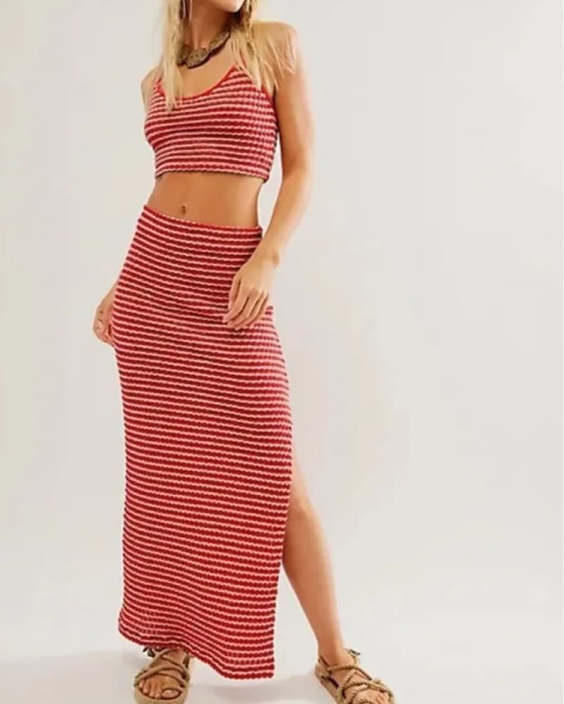 Red & White Halter Top & Maxi Skirt Set - Image 1