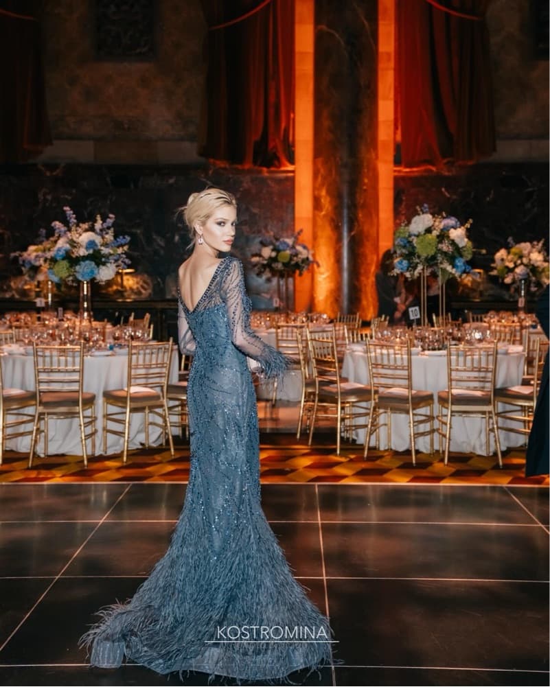Glamorous Feathered Gown in Dark Grey - Image 5