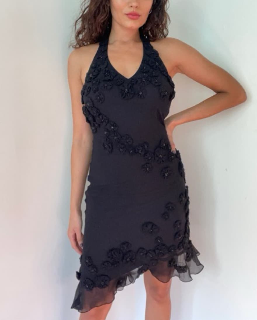 Vintage 90s Black Silk Halter Dress - Image 1
