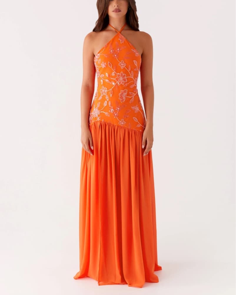 Orange Beaded Floral Halter Maxi Dress - Image 1