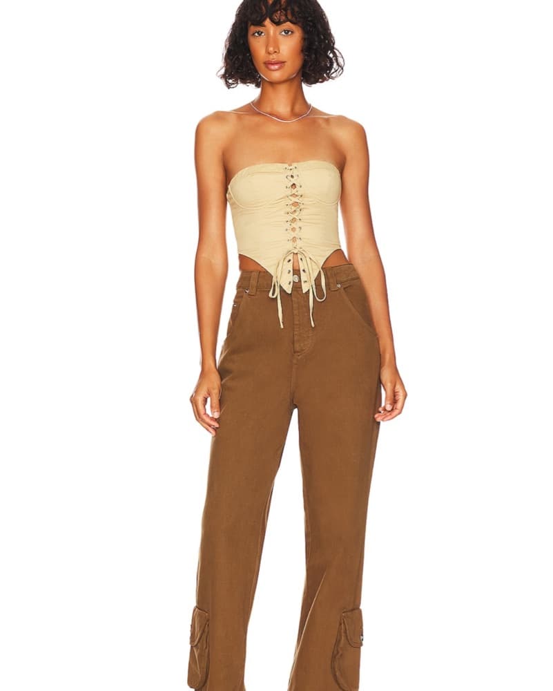 Ashlyn Lace Up Strapless Top In Beige - Image 4