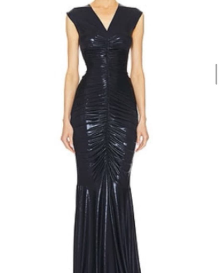 Sleeveless Deep V Neck Navy Gown - Image 1