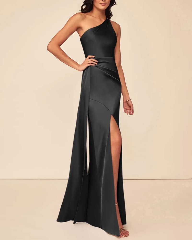 Bridesmaid Black Stretch Satin Dress - Image 3