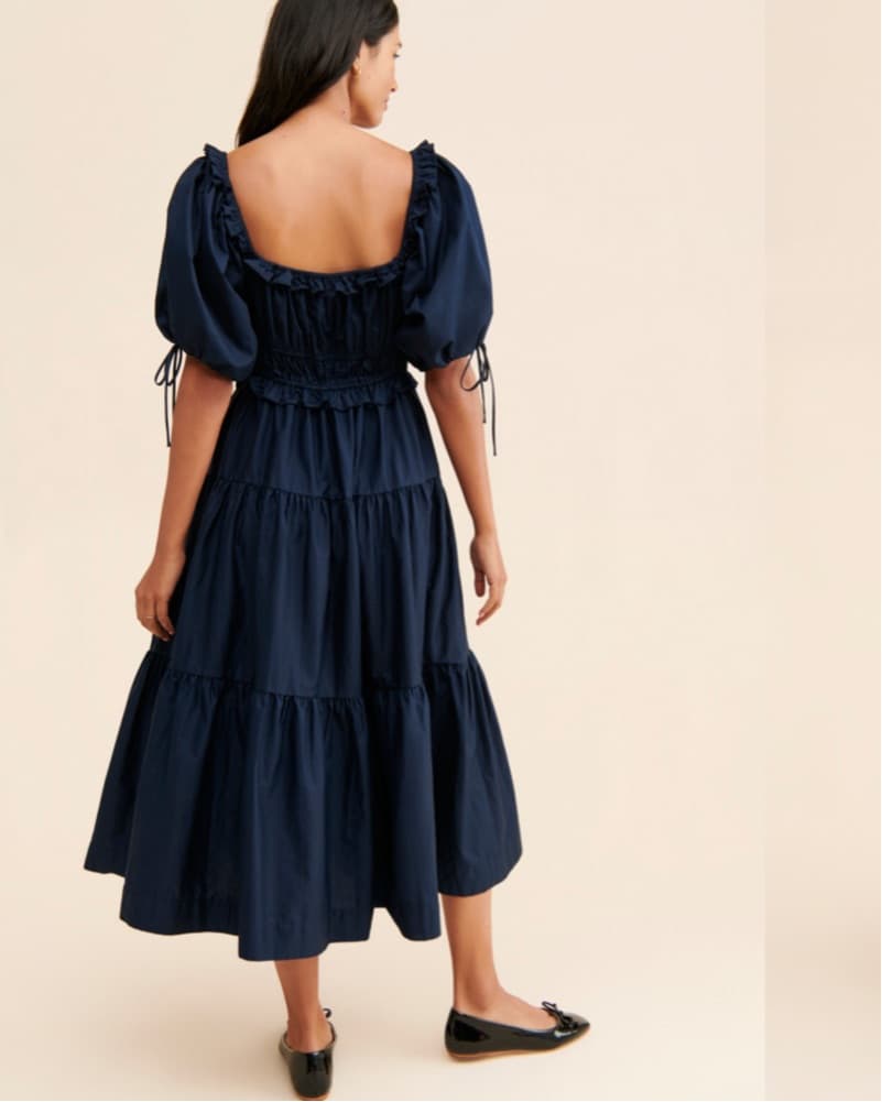 Navy Tiered Puff Sleeve Midi Dress - Image 2