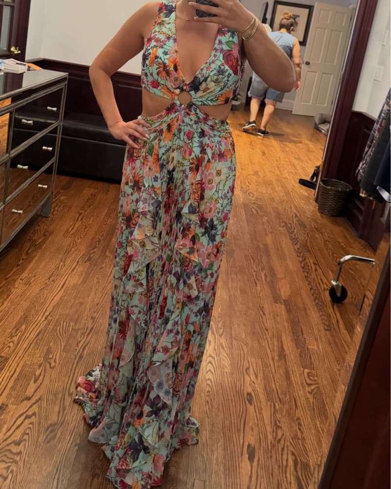Aqua Floral Maxi Dress with Cutouts - Image 1