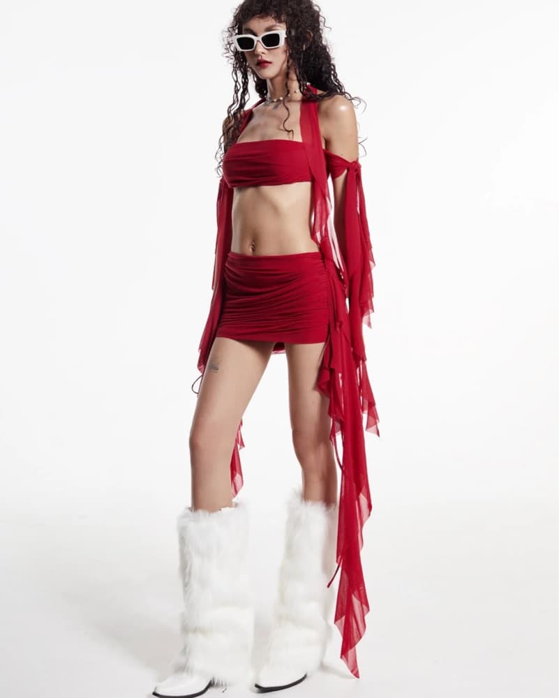 Fiery Flair Red Ruched Dress Set - Image 1