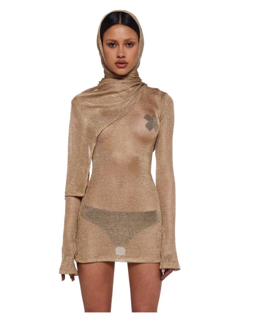 Gold Metalic Knit Mini Dress W/ Scarf - Image 1