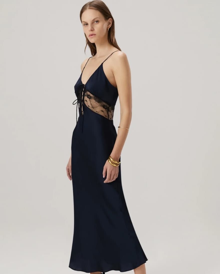 MISHA Lonnie Satin & Lace Dress Navy - Image 2