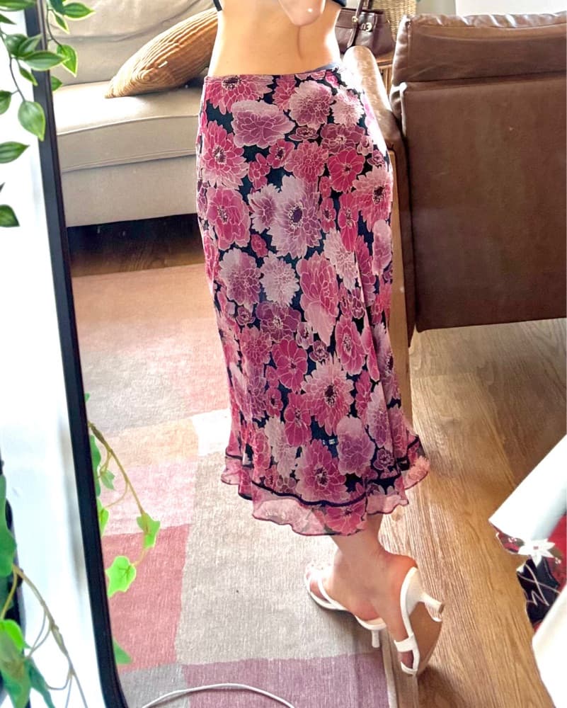 Vintage Pink Floral Silk Midi Skirt - Image 4