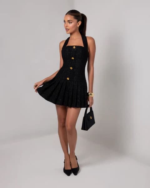 Black Tweed Flare Mini Dress - Image 4