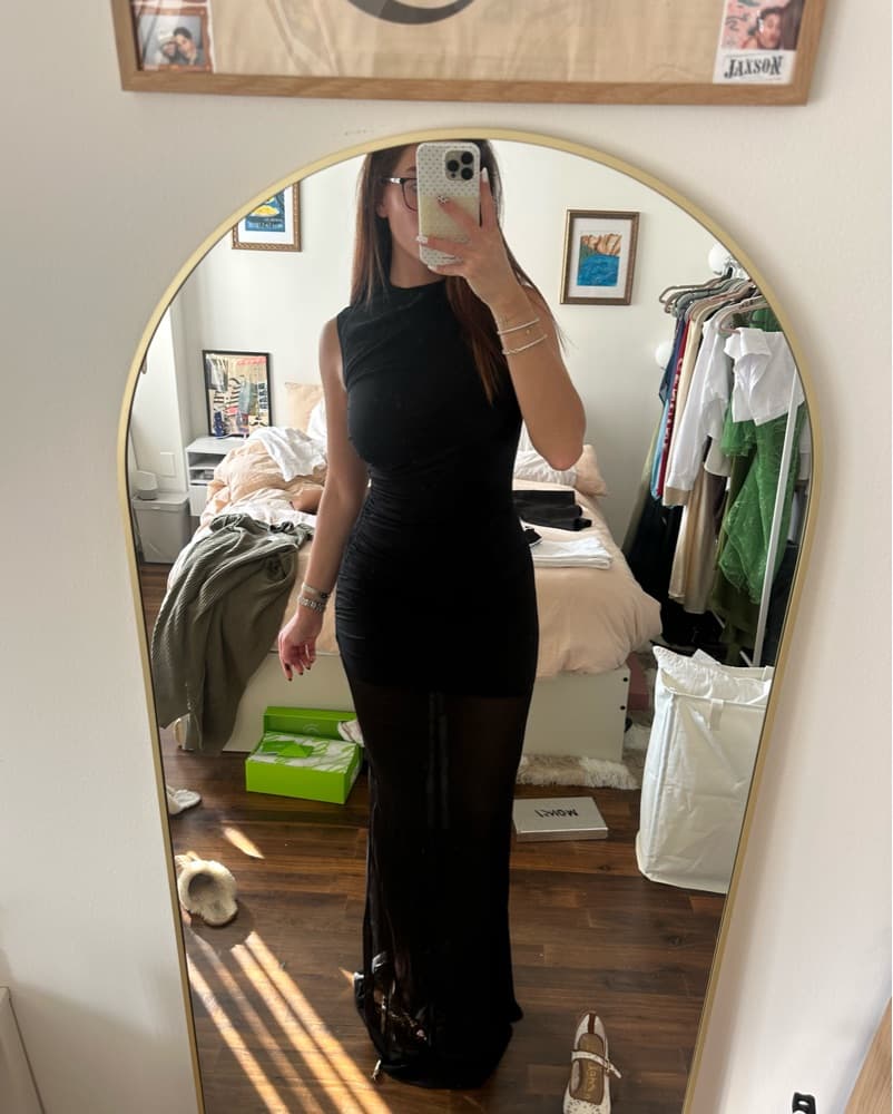Black Maxi Dress With Sheer Mesh Layer - Image 6